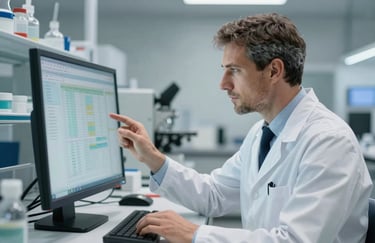 A sophisticated European researcher in a clean white coat reviewing data on a transparent screen in a modern lab.