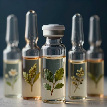 Close-up of premium botanical extracts in elegant glass vials, soft morning light, deep midnight blue background.