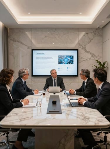 A luxury meeting room in Madrid with marble surfaces and modern design, where scientific breakthroughs are discussed.