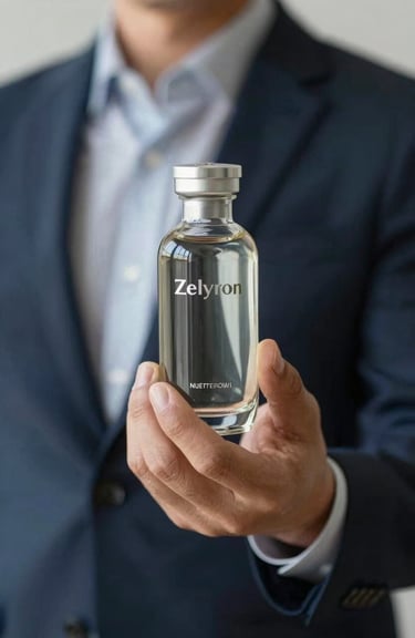 Soft-focus shot of a person in professional attire holding a Zelyron glass bottle, reflecting sophisticated wellness.