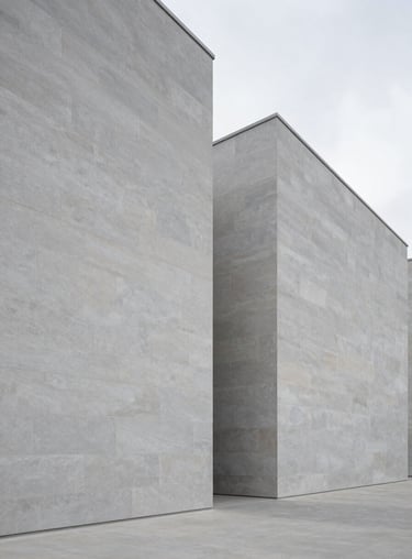 Minimalist architectural shot of a state-of-the-art research center in Spain, clean lines and mist gray stone.