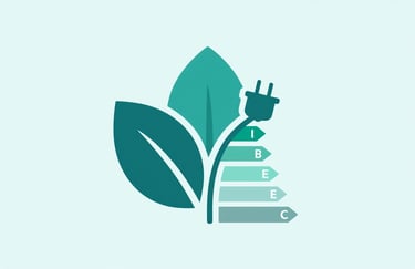 A symbol representing energy efficiency: a stylized leaf integrated with a power plug icon. Clean vector style using brand teal (#2A6E7D) and light blue (#8EC7CE).