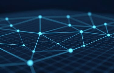 An abstract 3D visualization of a digital grid network, symbolizing innovation. Incorporates lines and nodes in dark blue (#0E293F) and light blue (#8EC7CE). Minimalist and futuristic.