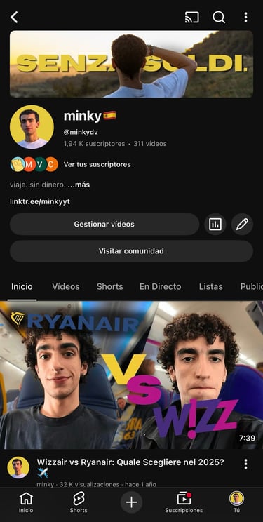 Captura de pantalla del perfil deYouTube de Minky