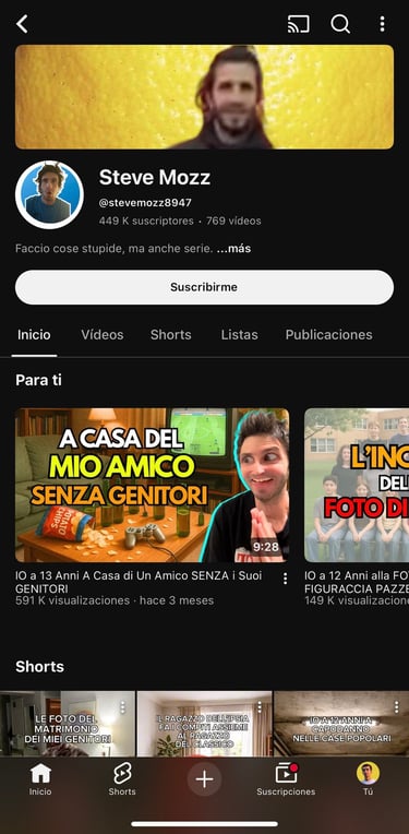 Captura de pantalla del perfil de YouTube de Steve Mozz