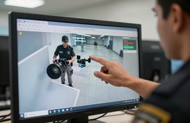 A close-up of a professional security specialist's hand adjusting a high-definition monitor in a modern Latin American surveillance center, focused and technical atmosphere.