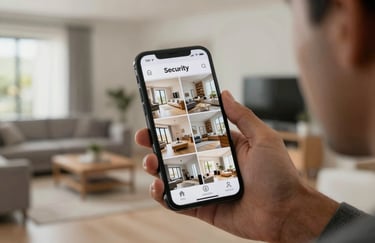 A person holding a smartphone displaying a clean, professional security app interface with live camera feeds of a modern home, Latin American setting, soft daylight.