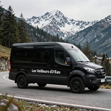 A professional black utility vehicle parked on a winding mountain road. The logo and title 'Les Veilleurs d'Eau' are clearly visible on the door. Majestic snowy peaks and evergreen trees in the background.