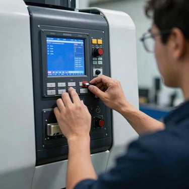 Professional photography of a technician's hands adjusting a control panel of a high-end CNC machine, soft blue screen glow, industrial setting in South America.