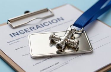 A macro shot of a shiny silver plumbing license badge and an insurance certificate on a clipboard, professional setting in a North American / US - Florida office, crisp focus, soft sky blue background.