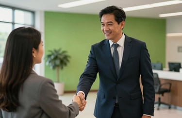 A North American / Mexican consultant shaking hands with a client in a bright, modern corporate lobby, forest green accents in the background, trustworthy vibe.