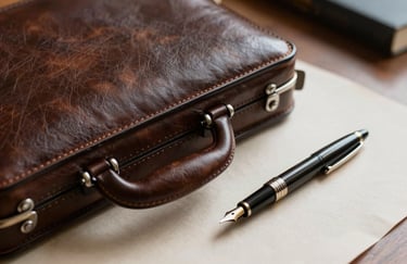 A detail shot of a high-end leather briefcase and a professional fountain pen on a parchment-colored desk, North American / Mexican executive style, shallow depth of field, warm lighting.