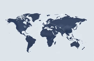 A minimalist 3D graphic of a world map with glowing dots representing distribution hubs, connected by elegant arcs. The aesthetic is clean and modern, using #2E5F7B and #1A202C on a light blue-grey background.