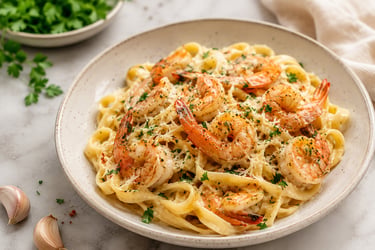Creamy shrimp alfredo pasta topped with parmesan cheese and fresh parsley in a ceramic bowl.