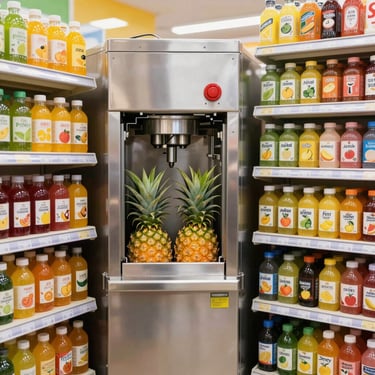 Automatic pineapple juice machine in a grocery store aisle surrounded by bottled fruit juices.