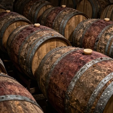 Detailed shot of aged wine barrels in a cool, dimly lit cellar with bronze and dark brown tones, Brazilian estate photography style.