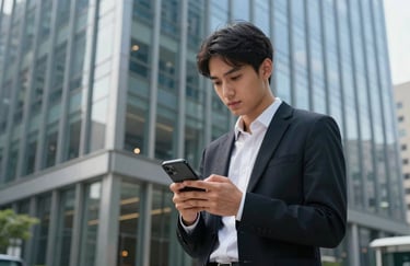 A young professional checking a smartphone while standing in front of a modern Steel Blue glass building in a North American / US urban financial district.