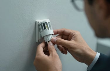 A technician's hand safely adjusting a thermostat in a Middle Eastern / Turkish office, professional and confident style, muted slate blue accents.