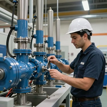 A professional engineer in a modern Jerusalem facility inspecting a complex hydraulic manifold. The lighting is bright and technical, highlighting steel blue components.