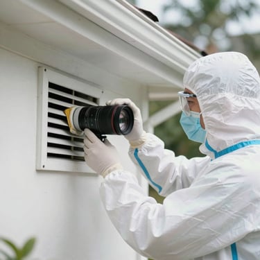 A technician wearing professional white protective clothing meticulously cleaning a vent system in a bright North American / US (Florida) house.