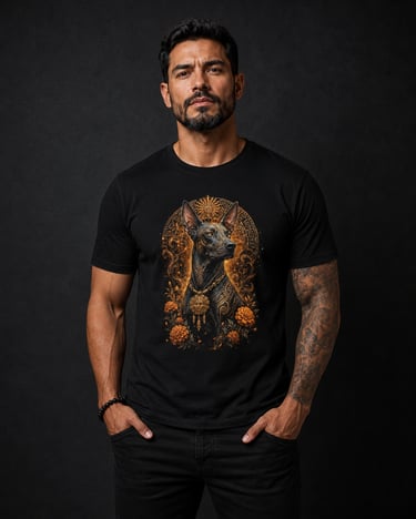 Man wearing black graphic t-shirt with Aztec dog art and floral patterns on a dark background.