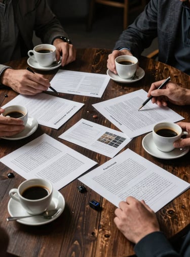 A collaborative meeting scene with espresso cups and mood boards on a dark wooden table in a high-contrast studio setting.