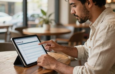 A South American creative professional in a stylish linen shirt reviewing a digital content calendar on a tablet in a sunlit Brazilian cafe.