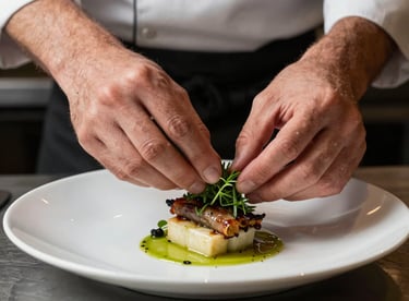 A close-up of a chef's hands in a Brazilian restaurant delicately garnishing a modern dish with fresh herbs.