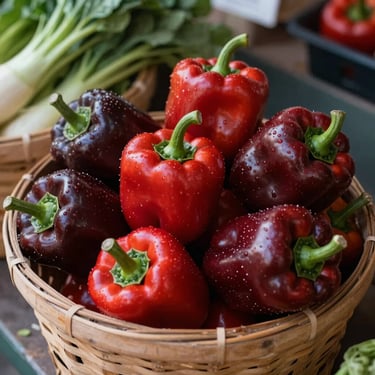 A basket of vibrant organic vegetables including deep carmine red peppers at a local farmer's market, rustic style.