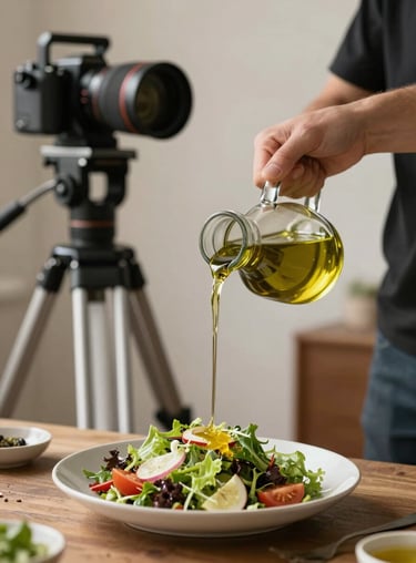 Behind the scenes shot: a professional photographer setting up a tripod to film a pouring of olive oil over a fresh salad.