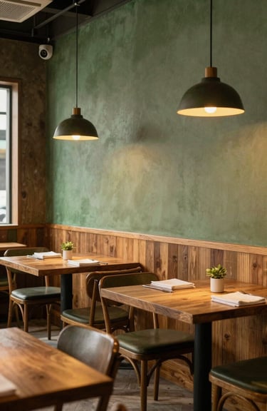 The interior of a contemporary bistro in São Paulo with warm lighting, wood accents, and parchment green walls.