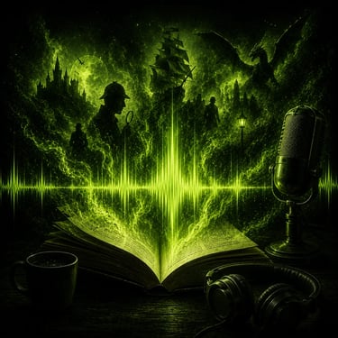 Leuchtendes grünes Hörbuch-Konzept mit einem aufgeschlagenen Buch, einem Studiomikrofon