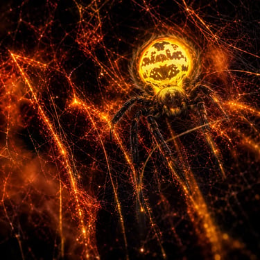 Eine leuchtende Fantasy-Feuerspinne sitzt auf einem goldenen Netz aus Funken, Lichtfäden