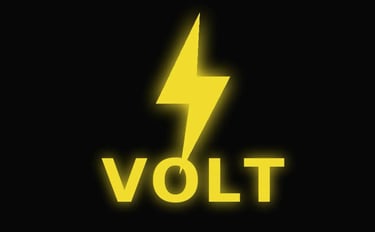 Leuchtendes gelbes Blitzsymbol über dem Schriftzug „VOLT“ auf schwarzem Hintergrund