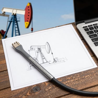 A confident consultant reviewing technical blueprints in an oil refinery control room.