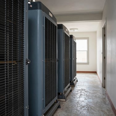 Industrial air scrubbing equipment and dehumidifiers working inside a North American residential hallway, blue-gray and dark gray professional equipment, efficient atmosphere.