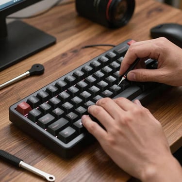 Close-up shot of a person's hands assembling a custom mechanical keyboard on a wooden desk with tools, North American / US setting.