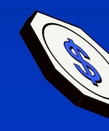 A blue dollar sign symbol centered on a white octagonal coin against a solid blue background.