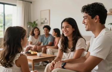 A warm, blurred background of a South American / Brazilian family smiling and interacting in a bright, modern living room. Focus is on the atmosphere of peace and security.