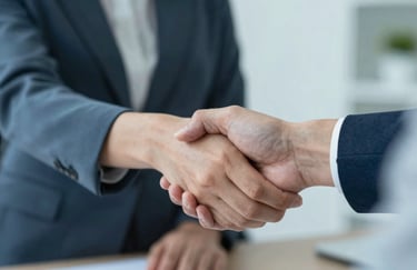 Close up of a professional handshake between a counselor and a parent in an office, symbolizing trust and successful partnership. High quality photography with #4F7F8F accents.