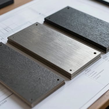 Close-up of industrial-grade roofing material samples in steel gray and charcoal black being presented on a professional blueprints table.