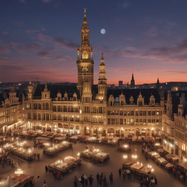 Illuminated Grand Place in Brussels with the Town Hall tower under a full moon at dusk.