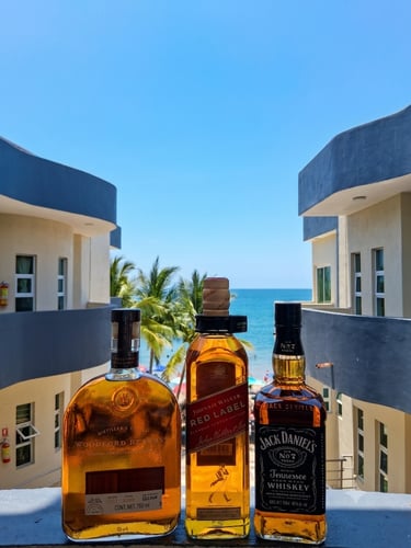 Botellas de Whisky con bungalows riviera del opalo de fondo
