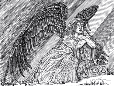 black and white pen and ink illustration grieving angel mechanical metal wings character Steampunk statue 