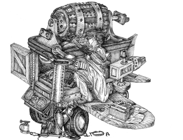 black and white illustration character engineer steampunk mechanic contraption illustration