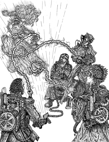 black and white illustration pen and ink steampunk ghostbuster character design roleplaying game tabletop