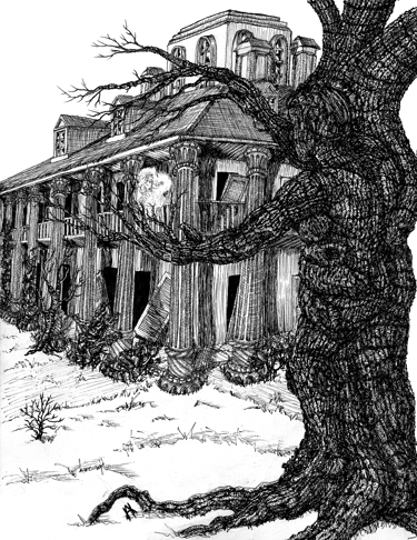 black and white pen and ink illustration Victorian haunted ghost tree based on modern photo of Victorian era mansion