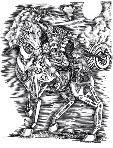 black and white pen and ink illustration Steampunk Headless Horseman Character roleplaying mechanical