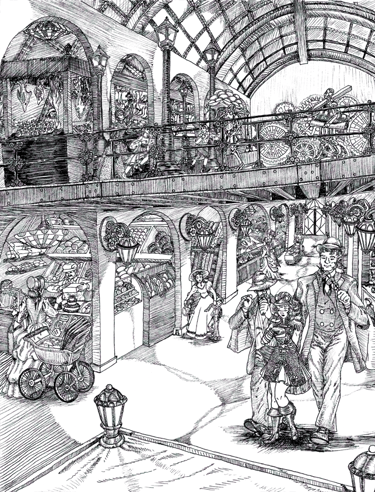 black and white pen and ink illustration steampunk indoor market inspired by contemporary photos Victorian era architecture