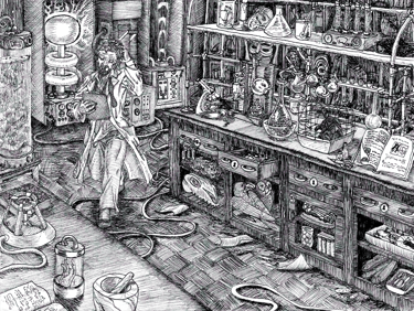 black and white pen and ink illustration mad scientist lab character narrative design Victorian Steampunk roleplaying